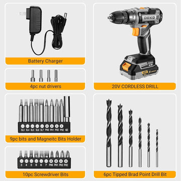 DEKO PRO Grey Cordless Electric Power Drill 20V with Battery, Charger and Accessories