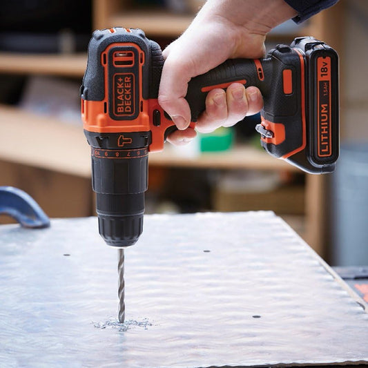 BLACK+DECKER 18 V Cordless 2-Gear Combi Hammer Drill Power Tool with Kitbox