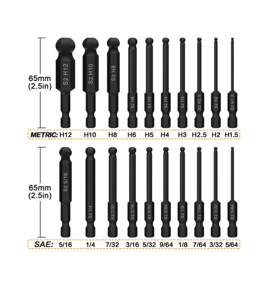 Ball Ended Allen Key Drill Bit Set - 1/4” Shank (20 Piece)